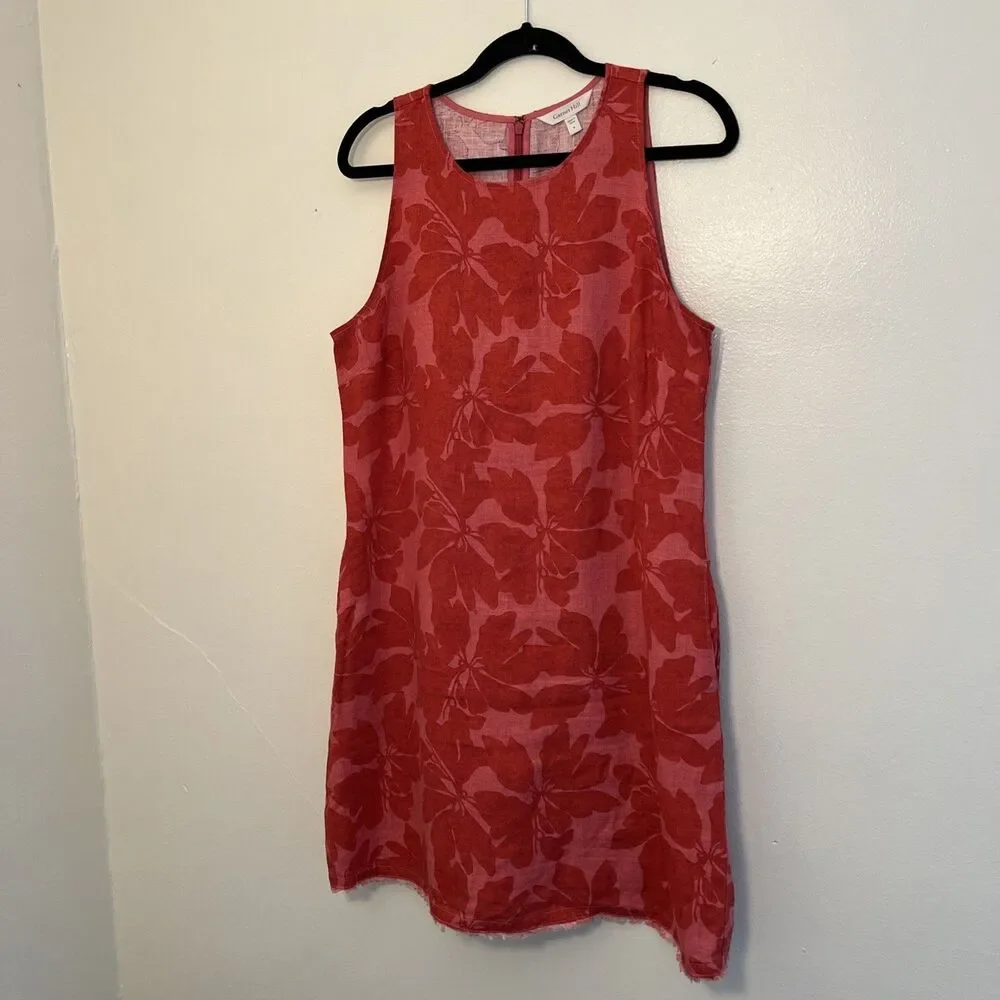 Garnet Hill 100% Linen Fringe Hem A-Line Dress, Pink & Red Hibiscus Floral- Sz 8 - Picture 2 of 9